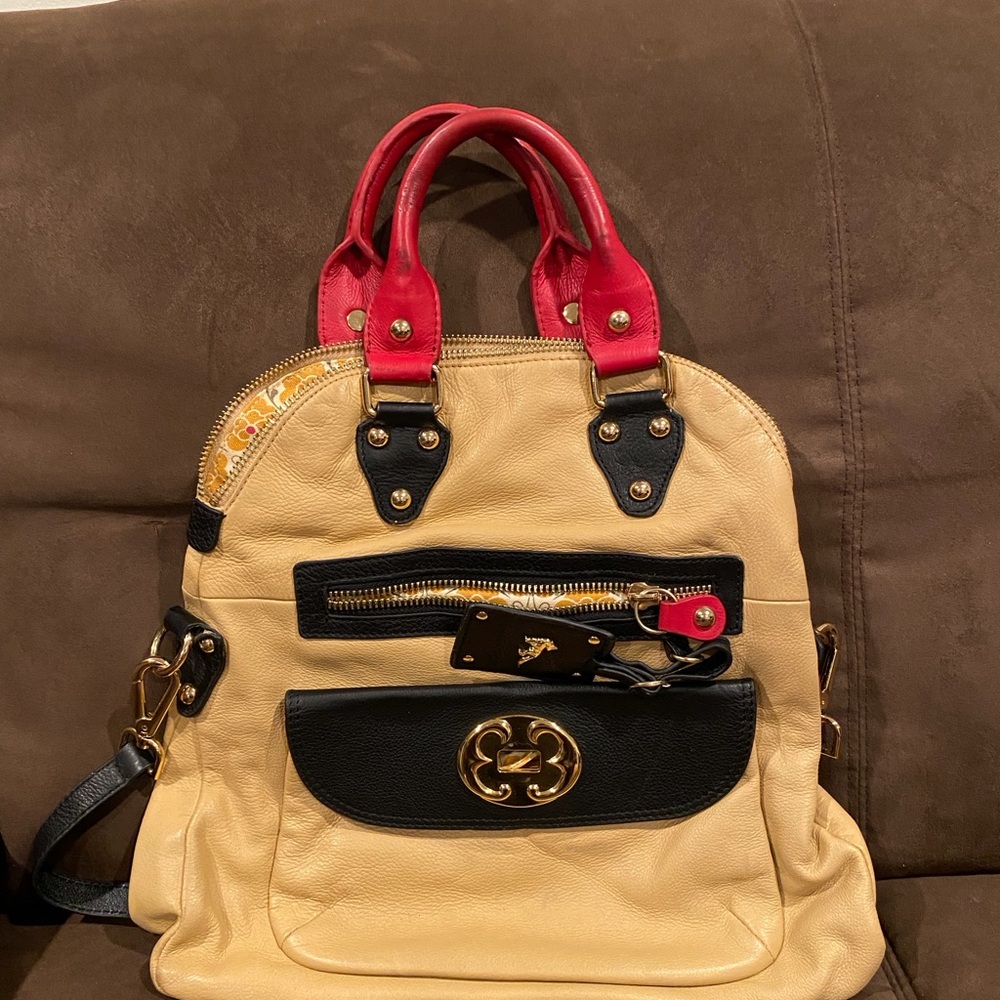 Emma Fox Leather Two-Tone Satchel Bag with Red Handles